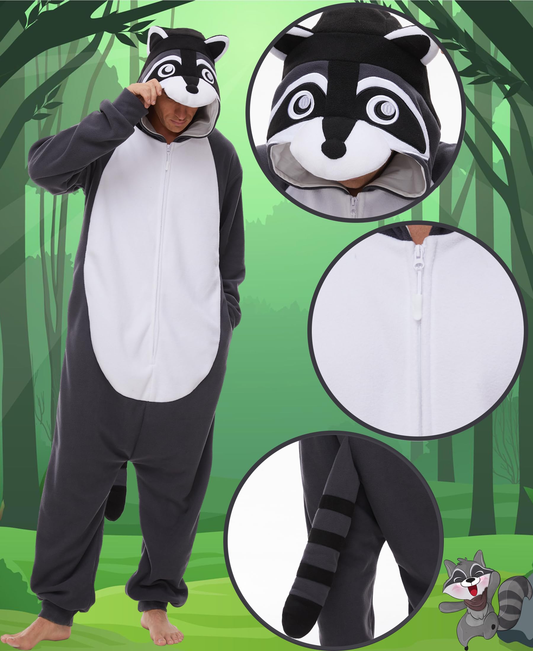 Kidukso Erwachsene Waschbär Jumpsuit Lustiges Tier Einteiler Schlafanzug Halloween Karneval Cosplay Kostüm, Grau