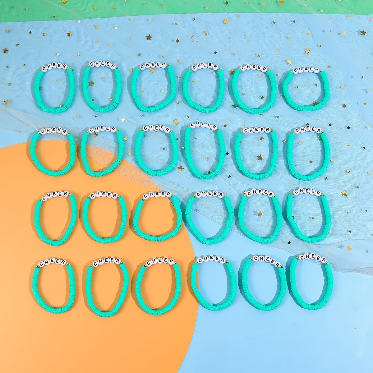 YANMIN 24 Pcs Cheerleader Gifts for Girls Handmade Friendship Bracelets for Teen Girls Stretch Cheer Bracelets Y2k Cheer Stuff Stackable Clay Bead Bracelets Bulk Teens Birthday Christmas Party Favors