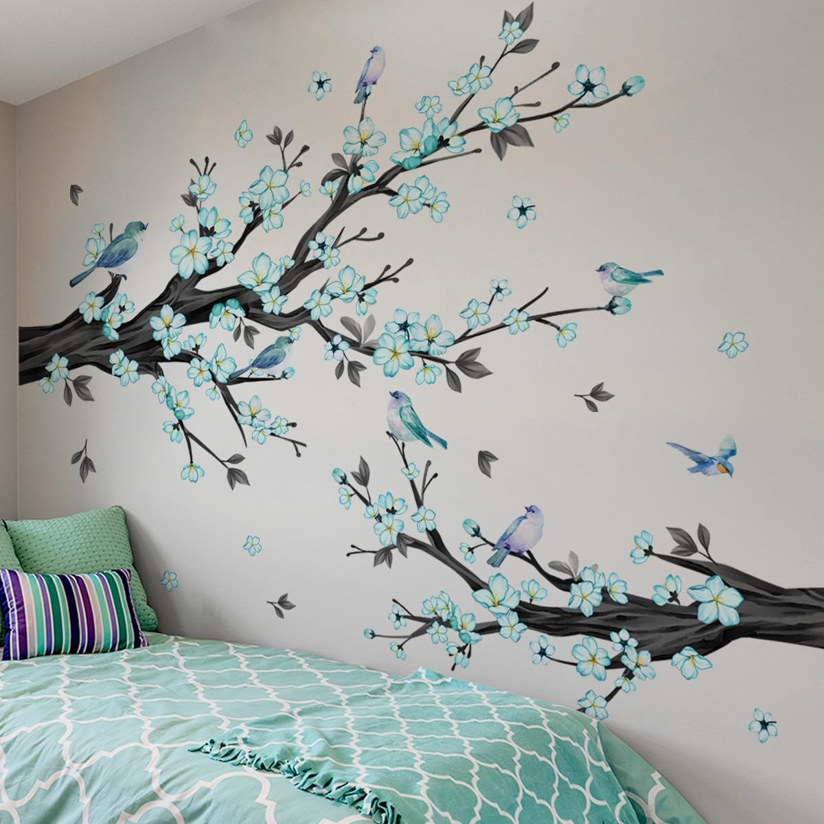 Sticker Mural Fleurs de Cerisier avec Oiseaux Grande Branche Arbre Fleurs Turquoise 194x166cm
