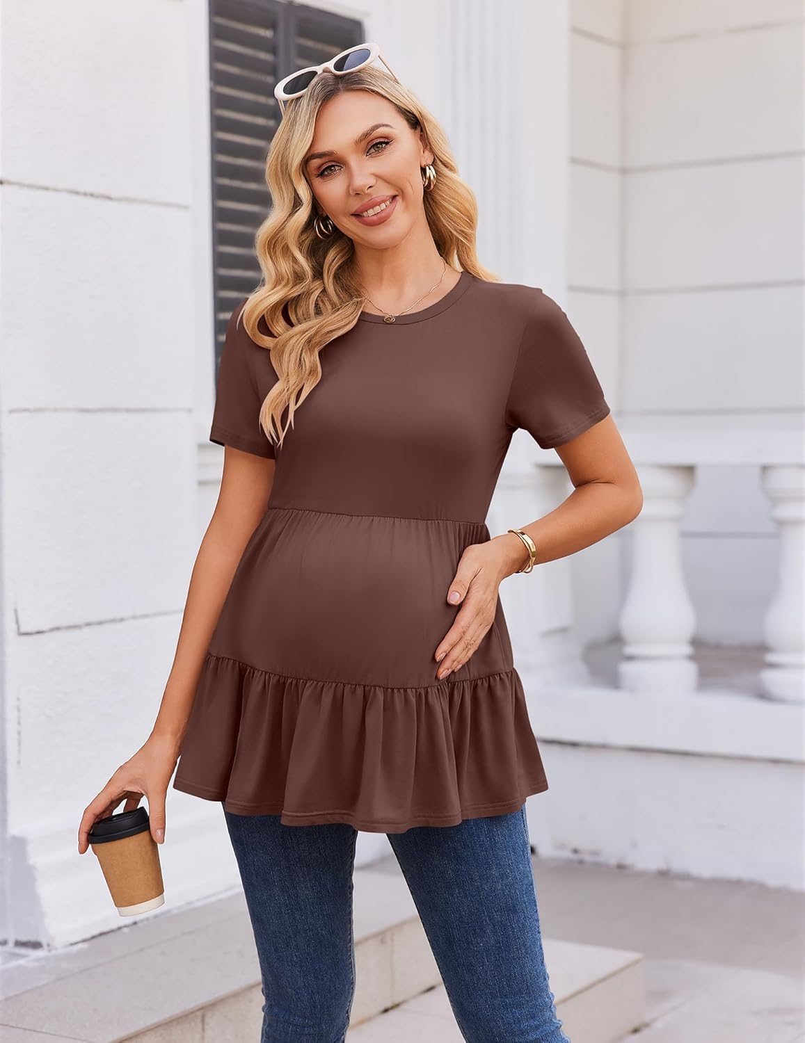 Ekouaer 3 Pack Women's Maternity Shirts Short Sleeve Ruffle Pregnancy Clothes Blouse Peplum Babydoll Tops Casual Mama Tee - Image 2