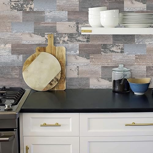 Miniatura 4 de DEWOO 20 hojas de azulejos de pared autoadhesivos estilo rustico para despegar y pegar para cocina estilo granja, aspecto de madera sintética (34.3