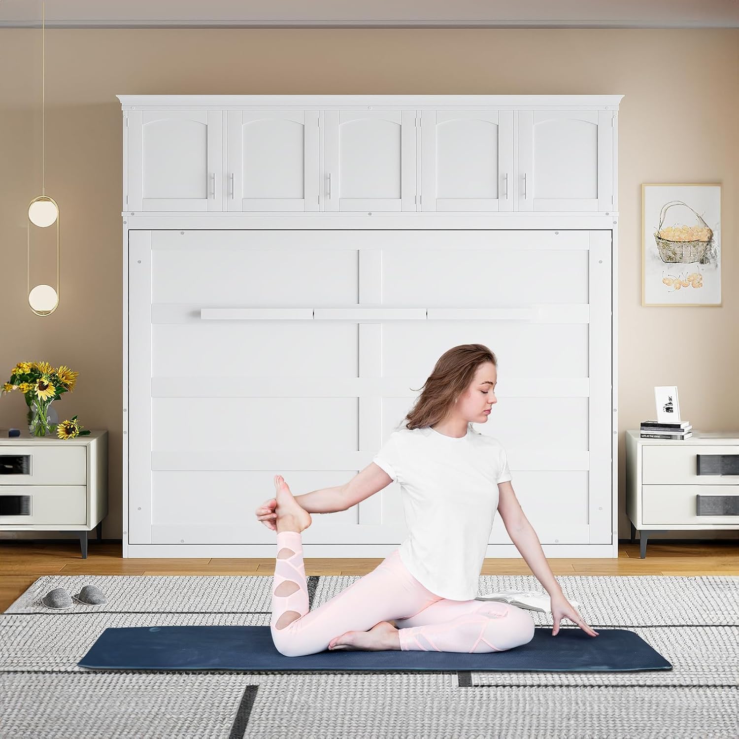 Queen Size Murphy Bed,Space-Saving Folding Beds with Top Cabinets,Horizontal Murphy Bed,Queen Wall Beds for Study Room,or Guest Room,Fold into The Wall,White
