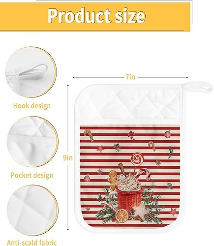 Miniatura 10 de Christmas 2Pcs Pot Holders for Kitchen,Non Slip & Heat Insulation Terry Cloth Potholder Set with Pocket,Thick Hot Pad Oven Mitts Trivet Coaster for