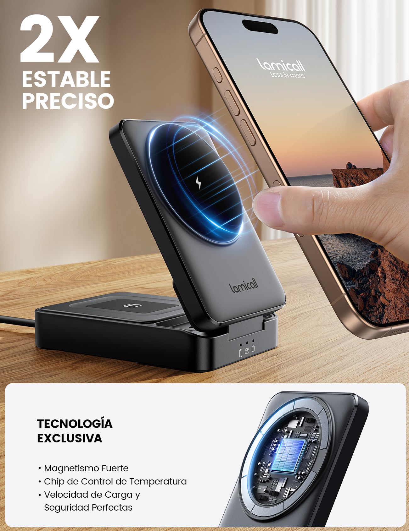 Lamicall 3-EN-1 Cargador Inalambrico - [Plegable] Cargador para MagSafe, Base Charger con Soporte, Wireless Charger Rapida Compatible con iPhone Serie 17/16/15/14/13/12, AirPods 2/3/Pro & Apple Watch