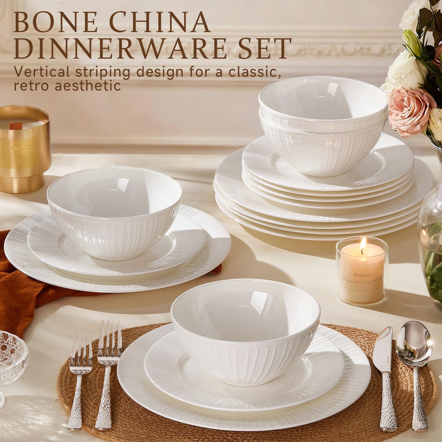Amazon.com | KINGSTONE Bone China Dinnerware Set, 24-Piece White
