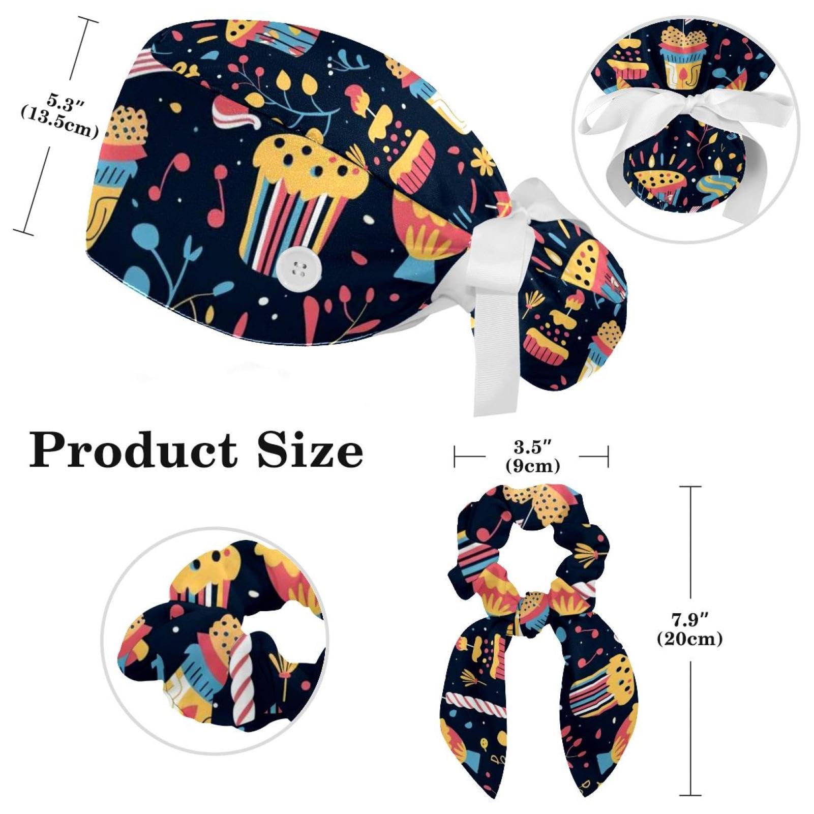 Flowers Happy Birthday Working Cap with Scrunchie, Adjustable Scrub Caps Surgical Hats with Buttons for Women Multicoloured