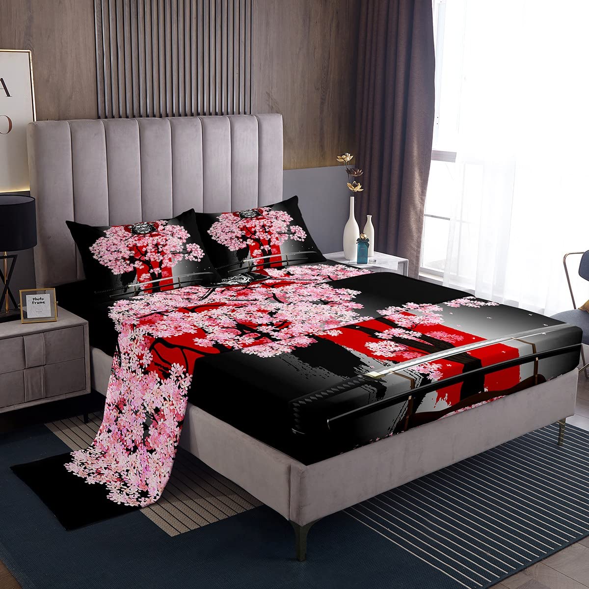Japanese Black White Bed Sheets,Ink Style Samurai Sword Bedding Set,Pink Cherry Blossoms Traditional Pattern Sheet Set Twin Size,3Pcs Soft Grimace Mask Fitted Sheet with Zipper 1 Pillow Sham