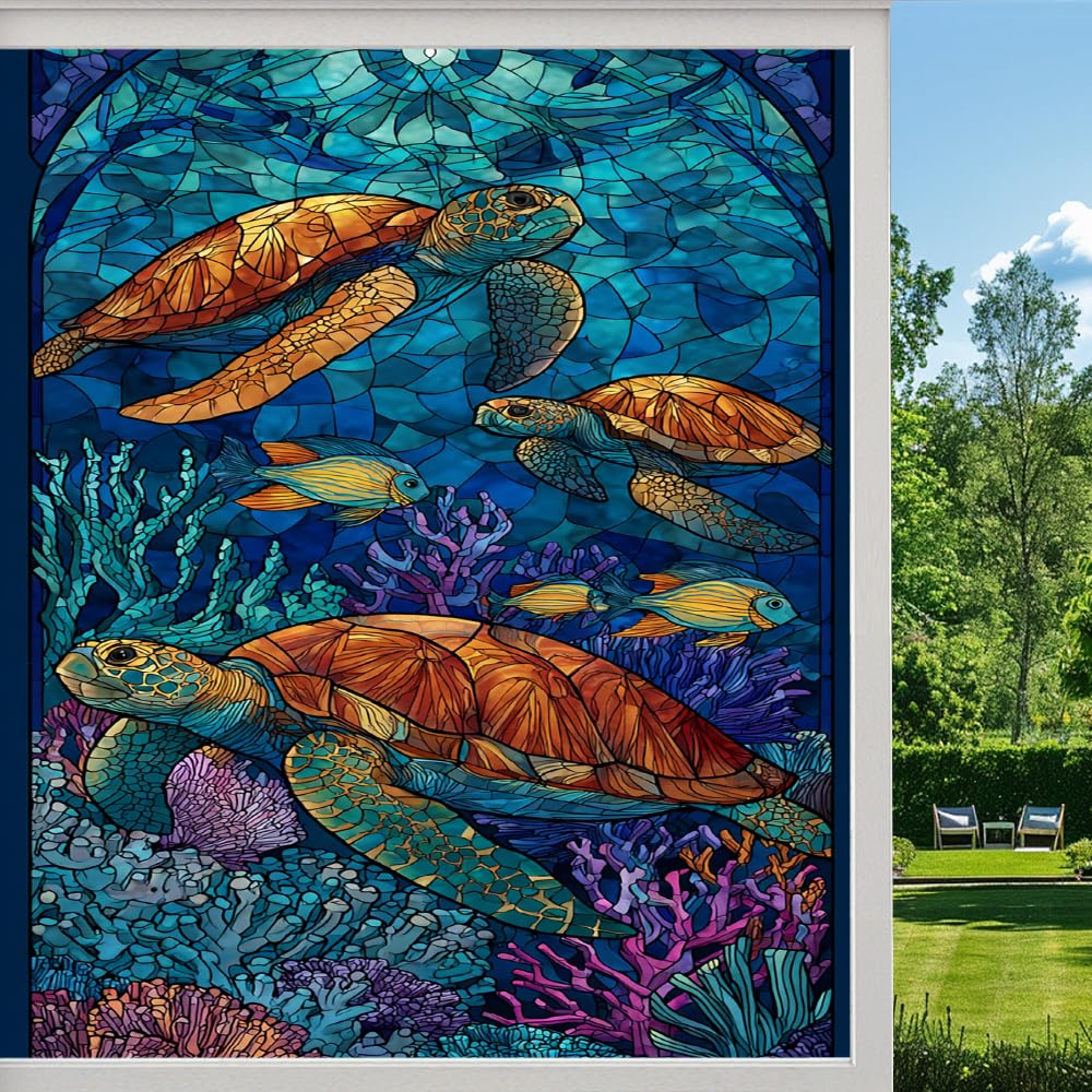 Pmlbaous Coastal Turtle Frosted Window Film, Underwater Tropical Coral Reef Stained Glass Privacy Film, Heat Insulation Self-Adhesive Vinyl For Bathroom Office, （80X140cm）