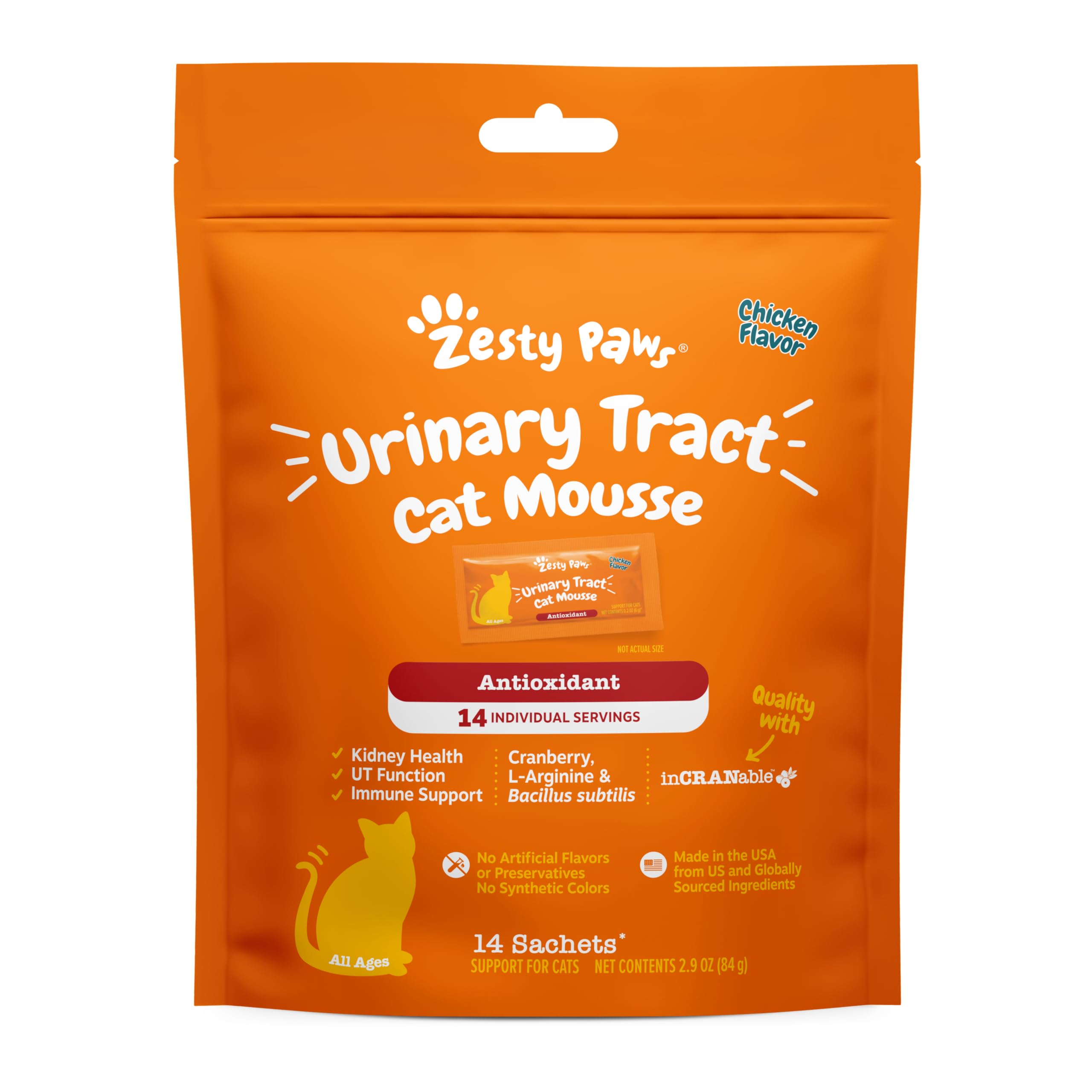 Zesty Paws Urinary Tract Cat Mousse - Kidney Support for Cats with Cranberry & D-Mannose - Healthy Cat Treats - Supports Bladder, Urinary Tract, Immune System & Gut Health - 14 Count
