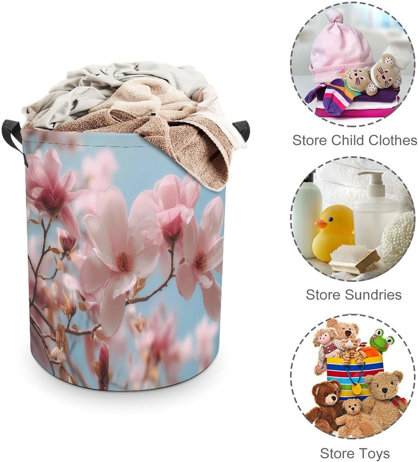 Magnolia Blossoms Flowers Laundry Hamper Basket for Home Bathroom | clothes storage,handle,large capacity,oxford