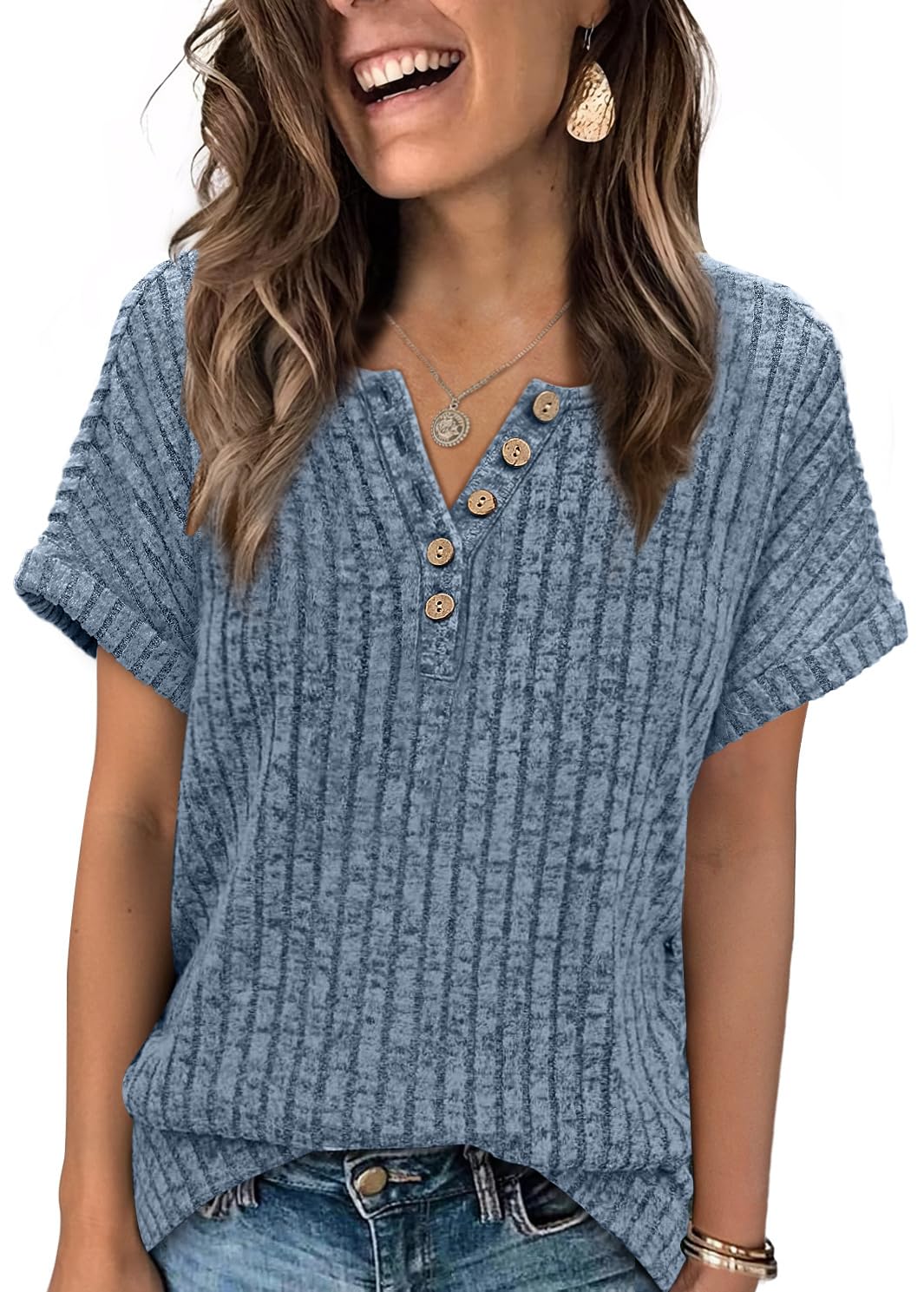 OFEEFAN Womens Short Sleeve Sweater Textured Tops Trendy Business Casual Outfits Work Blouses Fall Shirts