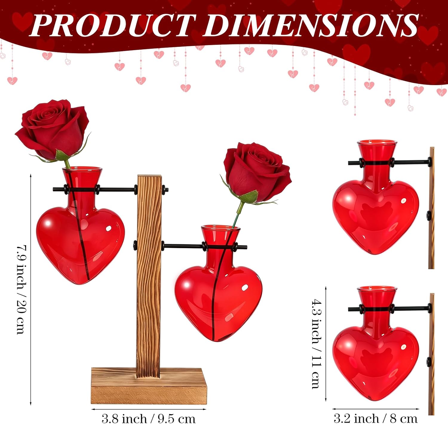 Remerry Heart Glass Plant Terrarium with Wooden Stand, Propagation Station Hydroponic Vase, Romantic Tabletop Decor for Living Room, Wedding Anniversary, Plant Lover Gift(Fresh,8 x 3.8 Inch) - Image 5