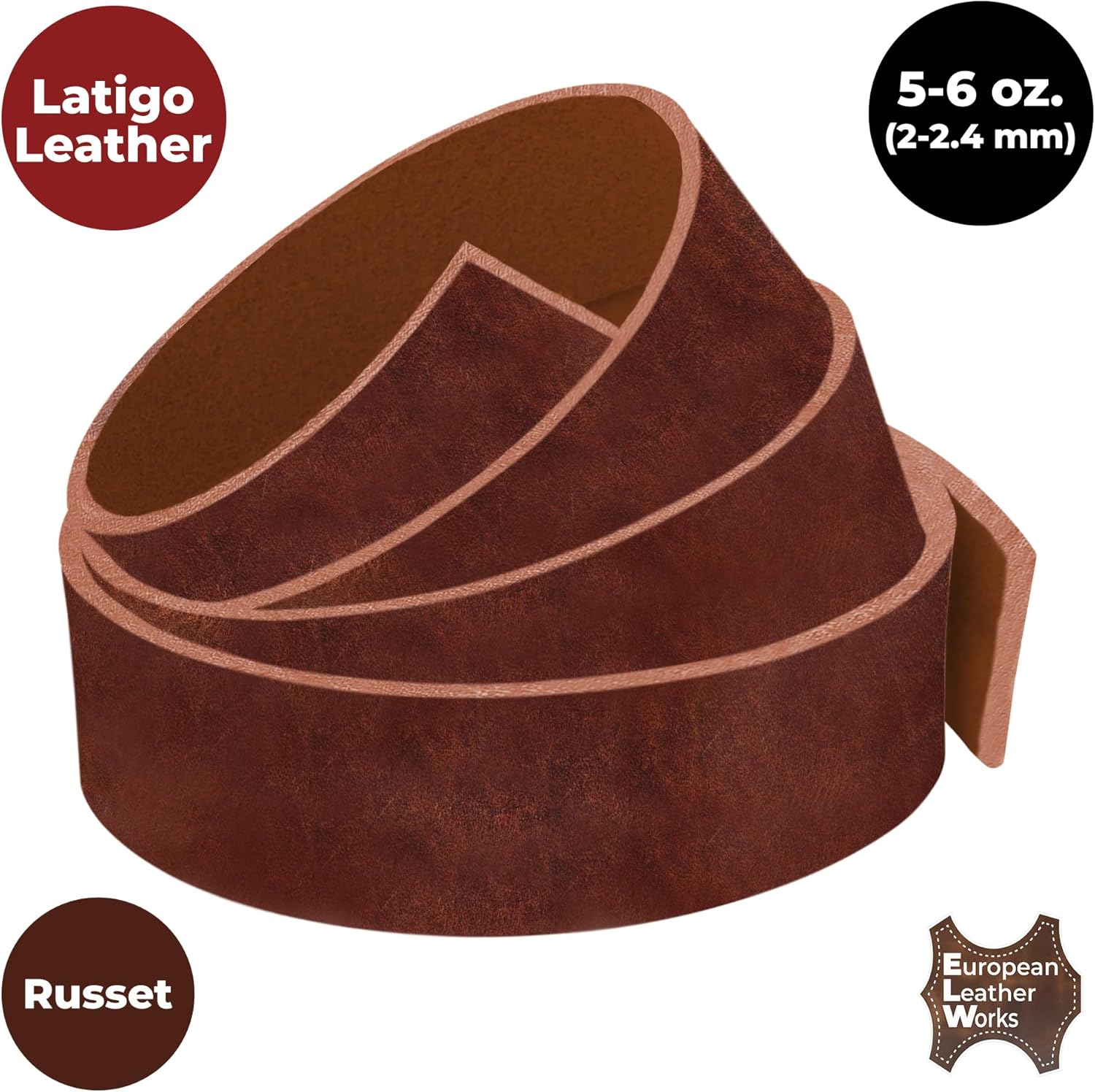 ELW 5-6 oz (2-2.4mm) Latigo Leather Belt Grade Straps | Size: 1"x72" (2.5x183cm) | Russet | Full Grain Cowhide, Heavy Duty Holsters, Sheathes, Harness, Saddle, Guitar Straps, Crafts