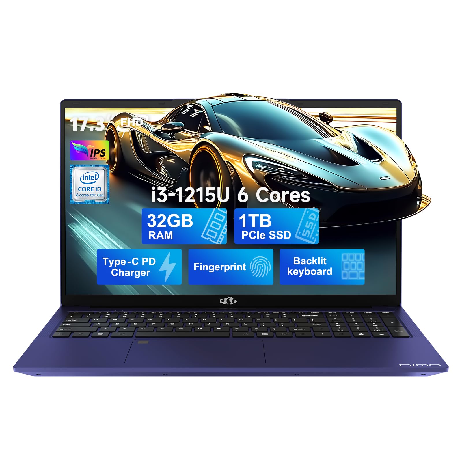 NIMO 17.3 FHD-Laptop，IPS Business Computer, 32GB RAM 1TB SSD 6 cores 12th Intel i3-1215U(up to 3.4 GHz) 65W Type C Laptop-Computer with Backlit Keyboard Fingerprint WiFi6 Win 11