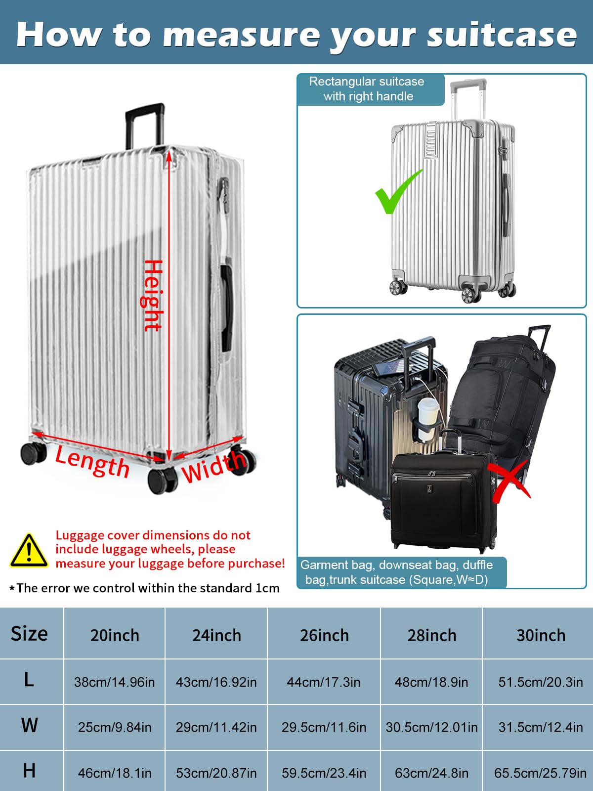 Yotako Funda Protectora para Maleta de 20, 24, 28, 30 Pulgadas, 70% Transparente, 30% Gris, 76,20 cm, Cremallera Mejorada