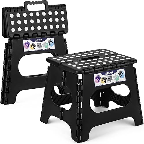 Delxo Taburete plegable de 11 pulgadas, paquete de 2, taburetes plegables antideslizantes negros para niños y adultos de hasta 300 libras, taburete