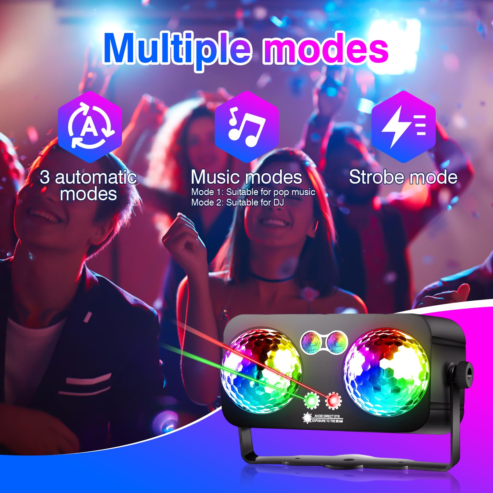 Tomshine 6 w 1 Oświetlenie Sceniczne LED – Lampa Imprezowa z Podwójną Kulką Disco, 64 Wzorami HD, UV, Migawką, Timerdem i Pilotem (idealna do urodzin, ślubów i dekoracji)