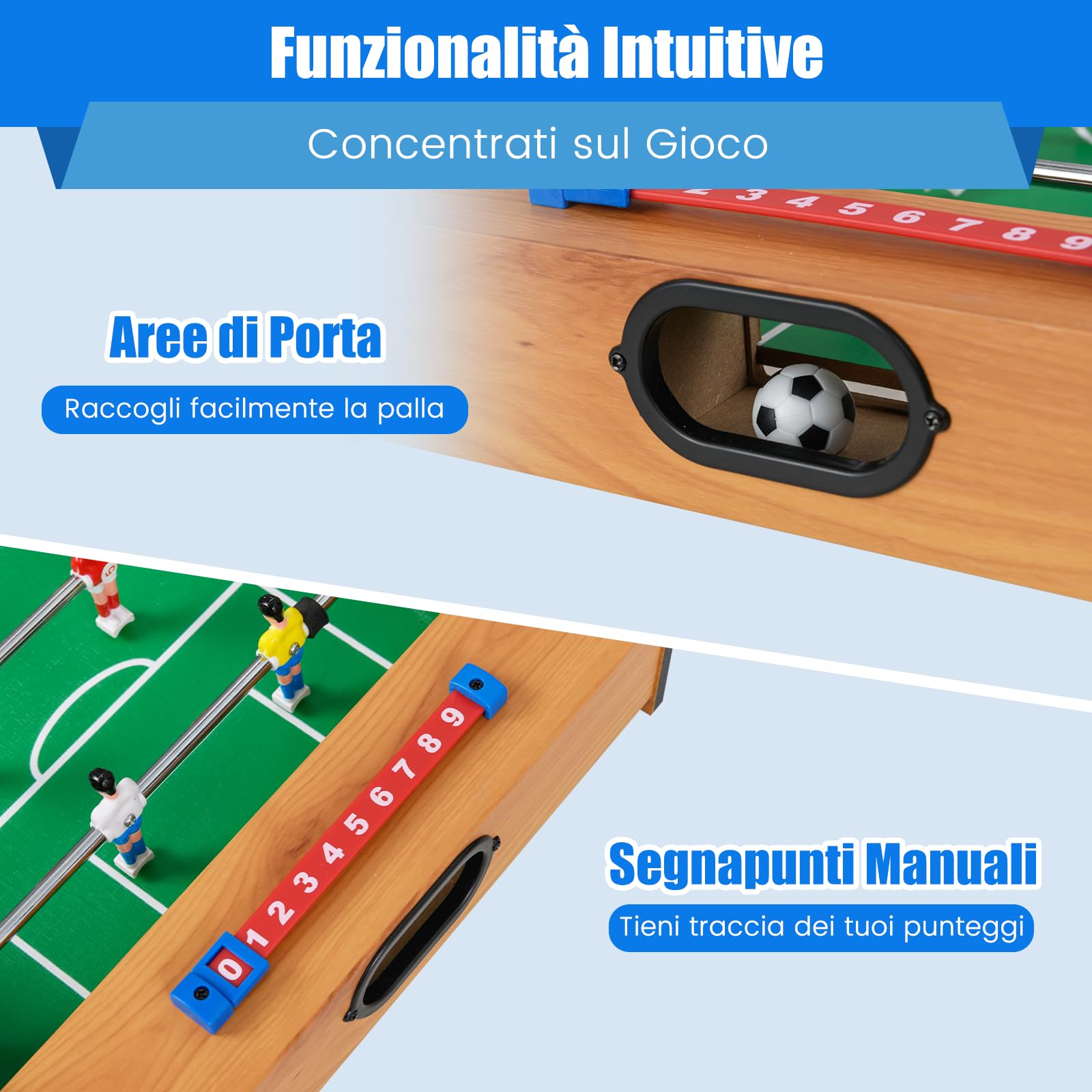 COSTWAY 2 in 1 Calcio Balilla in Legno, Calcetto da Tavolo e Hockey da Tavolo con 6 Aste, con 2 Segnapunti, Biliardino per Bambini e Adulti da Casa, 69 x 36 x 10 cm