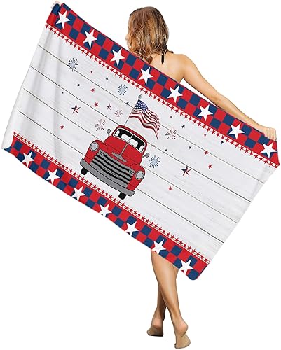 Patriotic Independence Day Car Wooden Plank Beach Towel-Sand Free Absorbent Blanket Oversized Large Pool Towels Farm Buffalo Lattice,Quick Dry Super