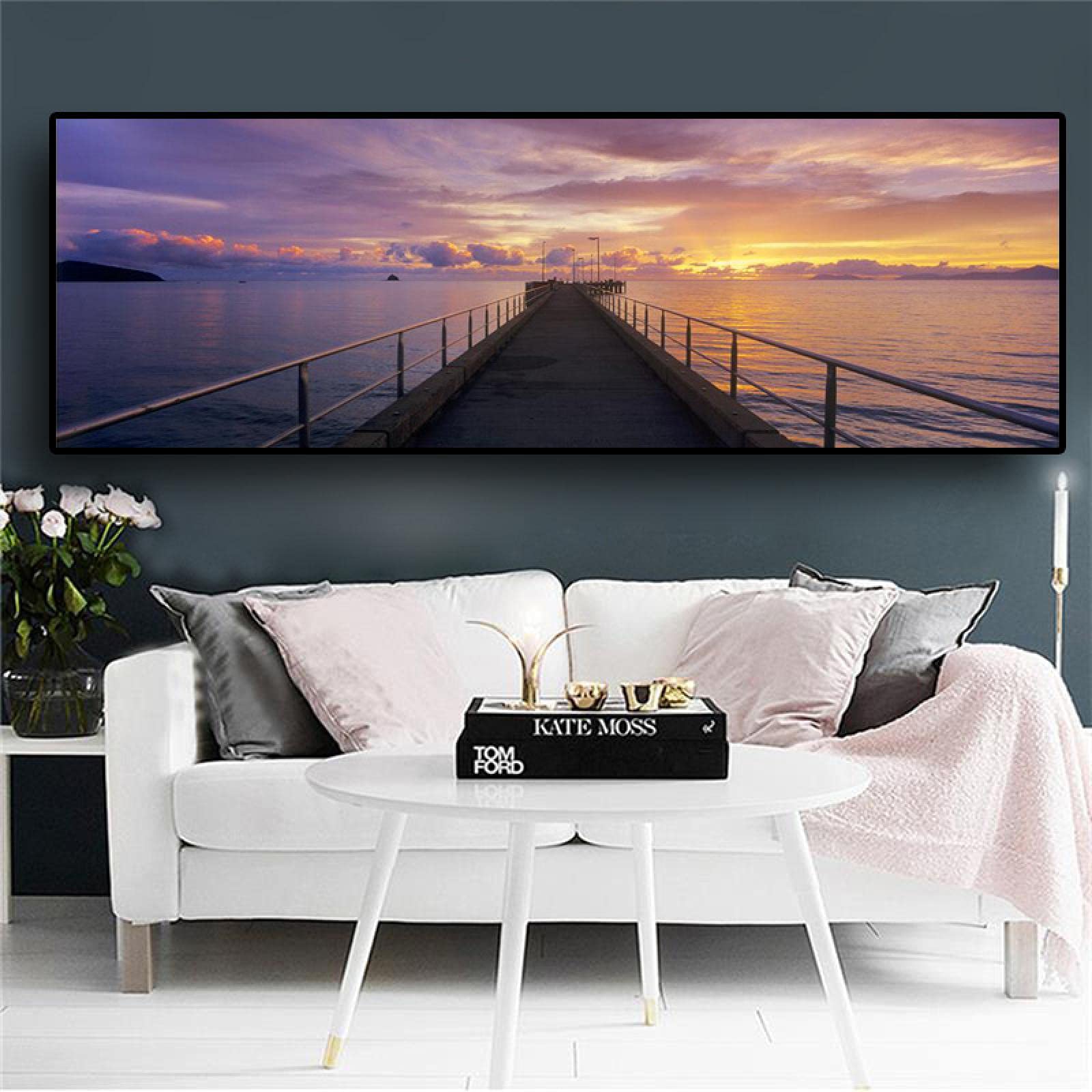 Sunset Natural Dusk Pier Bridge Landscape Panorama Comodino Paesaggio Canvas Painting Poster e stampe Wall Art Pictures 40x120cm Frameless