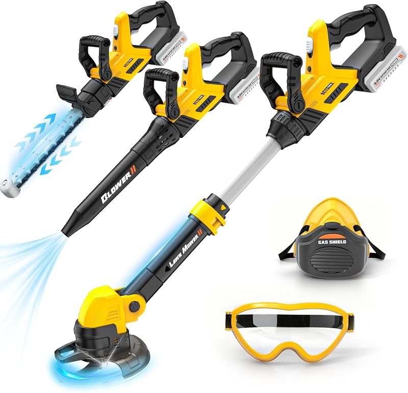 Juego de herramientas para niños pequeños 3 EN 1, juguete Weed Wacker, soplador de hojas y recortador de setos para niños | Juego de herramientas de jardín para niños con sonidos y luces, juguetes para jugar al aire libre, regalos de cumpleaños de Navidad para niños y niñas 3 4 5 6+