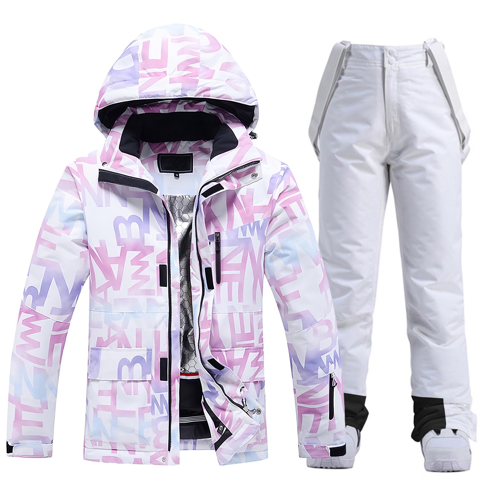 ALSOGO Ensemble veste de ski et pantalon de ski pour femme - 2 pièces - Colonne d'eau - Veste de neige respirante - Bretelles coupe-vent - Avec capuche amovible - Pour le ski, le snowboard