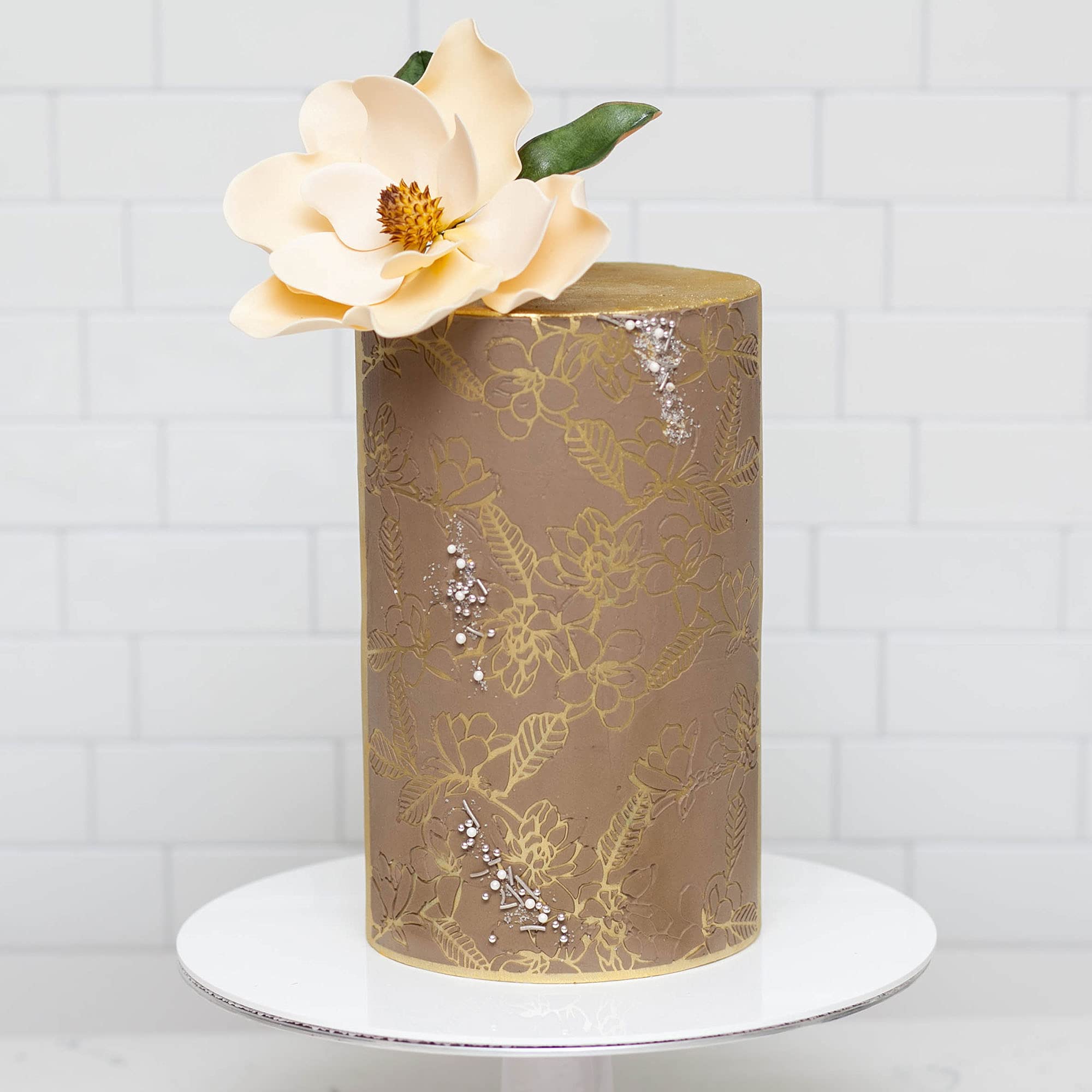 Lacupella Floral Cake Stencil - Seamless Delicate Pattern for Decorating Tall Double Barrel Cake to Use with Buttercream, Royal Icing, Ganache, Paint, Airbrush (Magna)