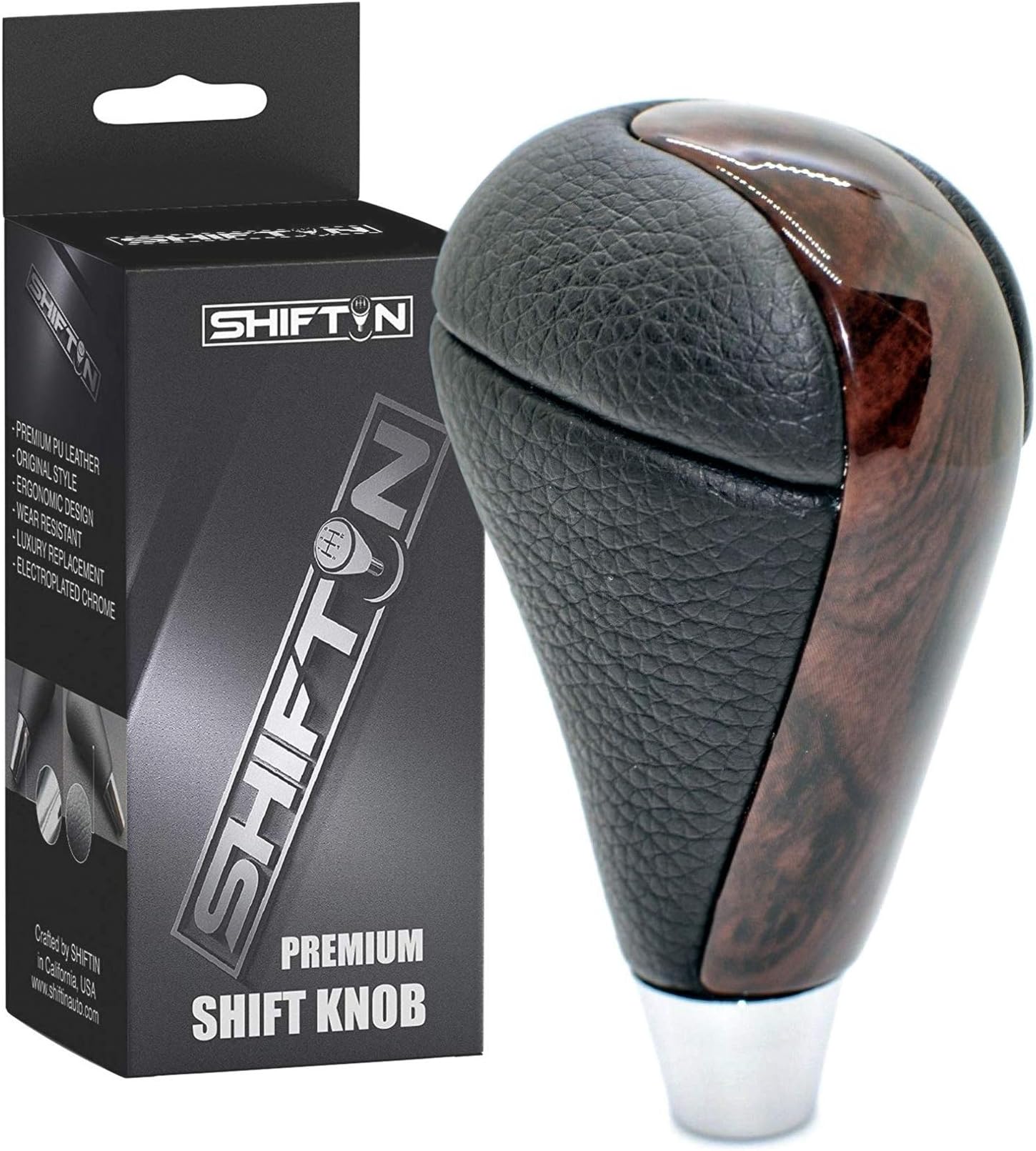 SHIFTIN Leather Chrome Wood Gear Shift Knob Stick Shifter for Lexus ES GS LS RX is SC and Mazda (Black Leather / Dark Burl)