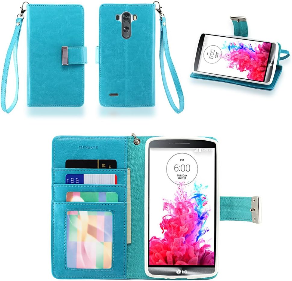 IZENGATE LG G3 Wallet Case - Executive Premium PU Leather Flip Cover Folio with Stand (Turquoise Blue)