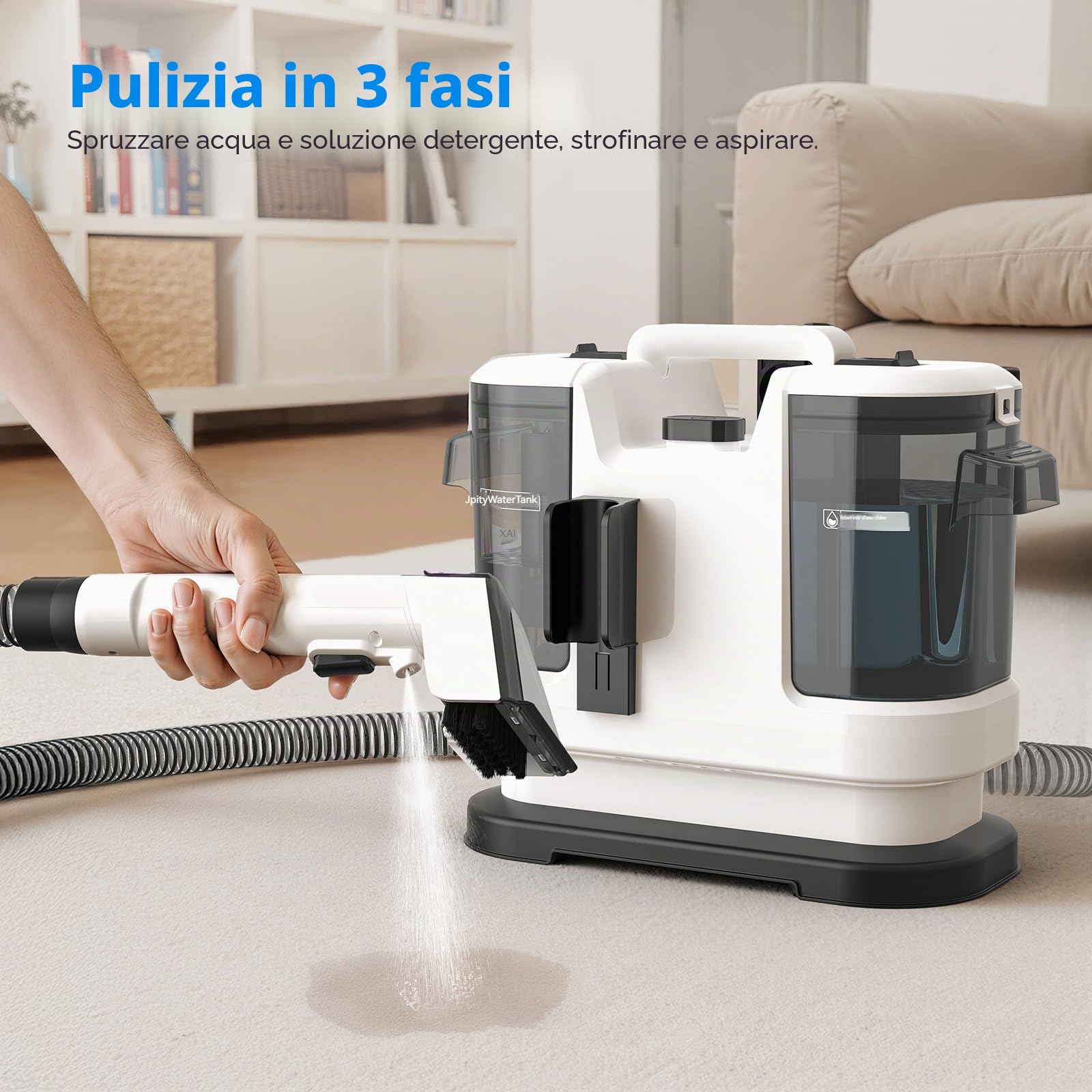 Detergente portatile per tappezzeria e pulitore macchia: 3 in 1 Spot Cleaner con funzione spray, spazzola e aspirazione per divano, tappeto, materasso e seggiolino auto, bianco (bianco)