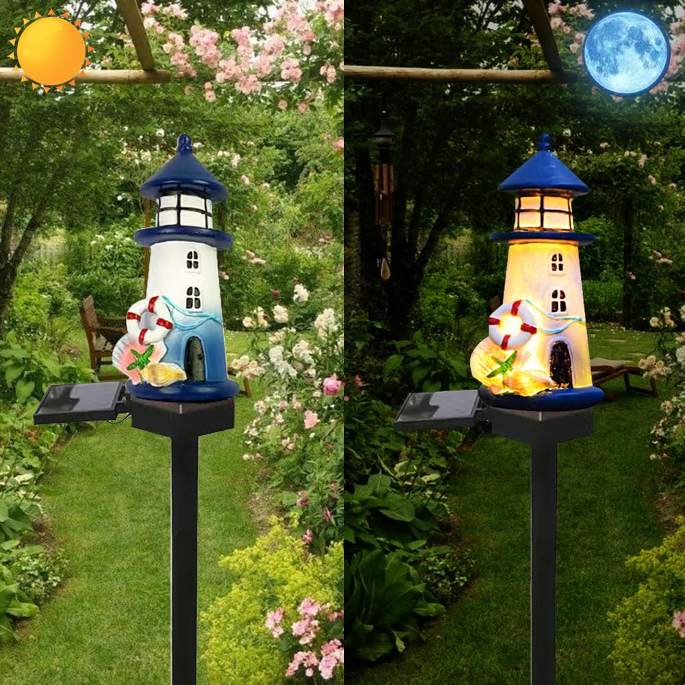 Luci solari blu e bianche del faro, lampada da terra carina della casa della decorazione del giardino e del cortile della resina, Luci LED senza fili da crepuscolo a alba impermeabili.