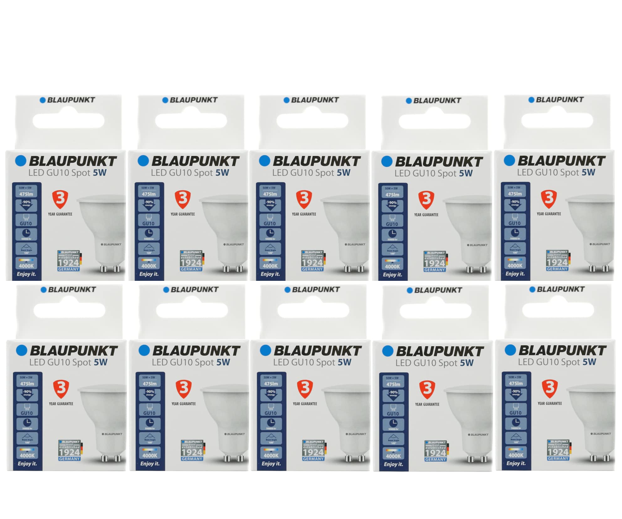 BLAUPUNKT LED GU10 Birne – Strahler – Reflektor – Tageslichtbeleuchtung – 5W – Ersatz für 50W – Naturweiß 4000K – Led Lampen – 475 Lumen – Energie- und Kostensparendes Licht – Spotlight – 10-er Pack