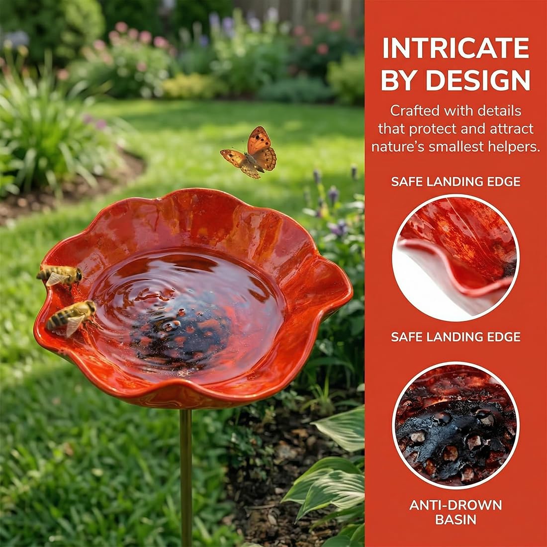 Paletto da giardino in metallo a forma di fiore, abbeveratoio per uccelli resistente alle intemperie e stazione per impollinatori con tappo di terra per giardino, prato e patio (2pc)