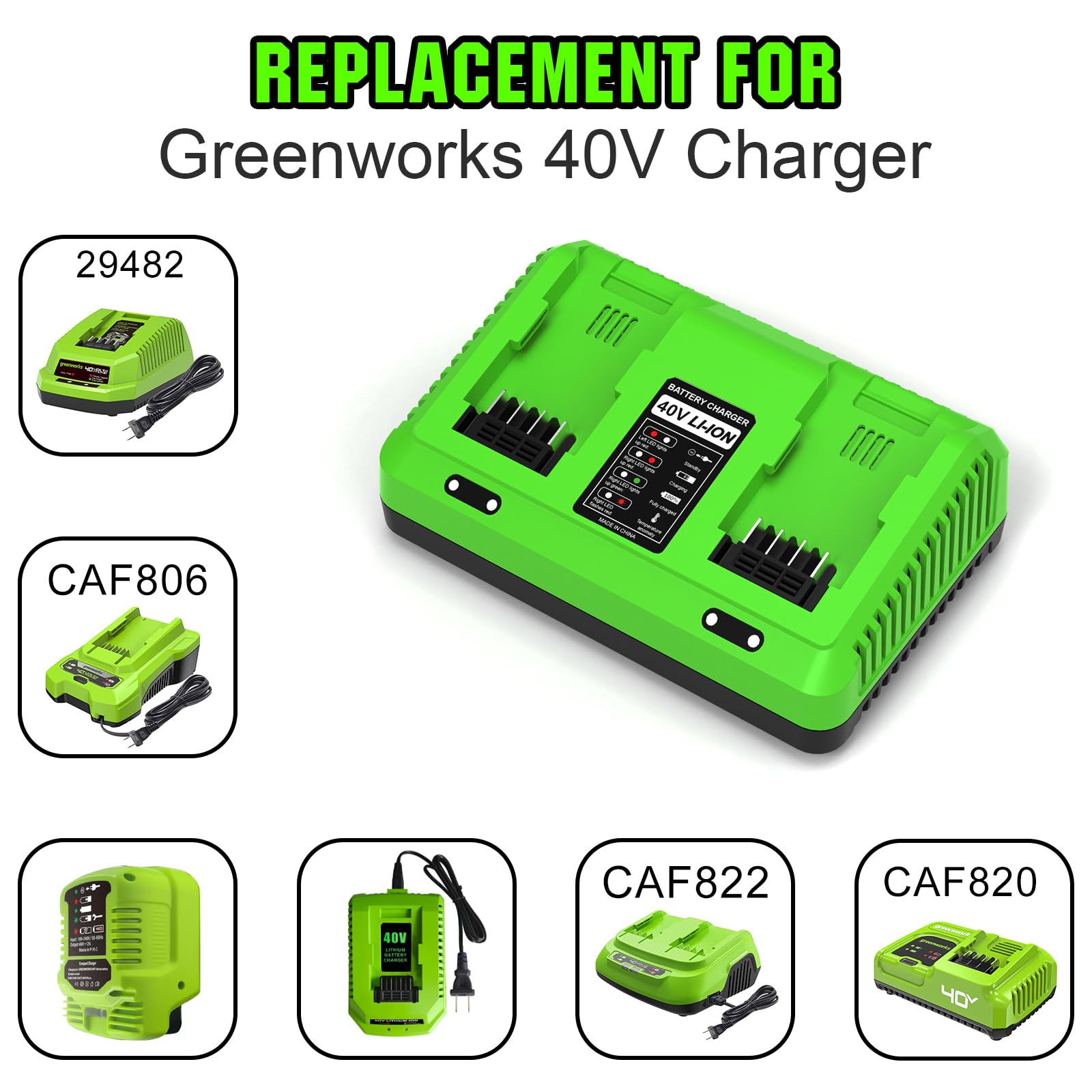 Double chargeur de rechange 40 V pour chargeur de batterie Greenworks 40 V, compatible avec Greenworks 29482 29252 20202 22262 29472 29462 2901319 2938302 BAF702 BAF704 BAF705, pour 40 V G-MAX Outils