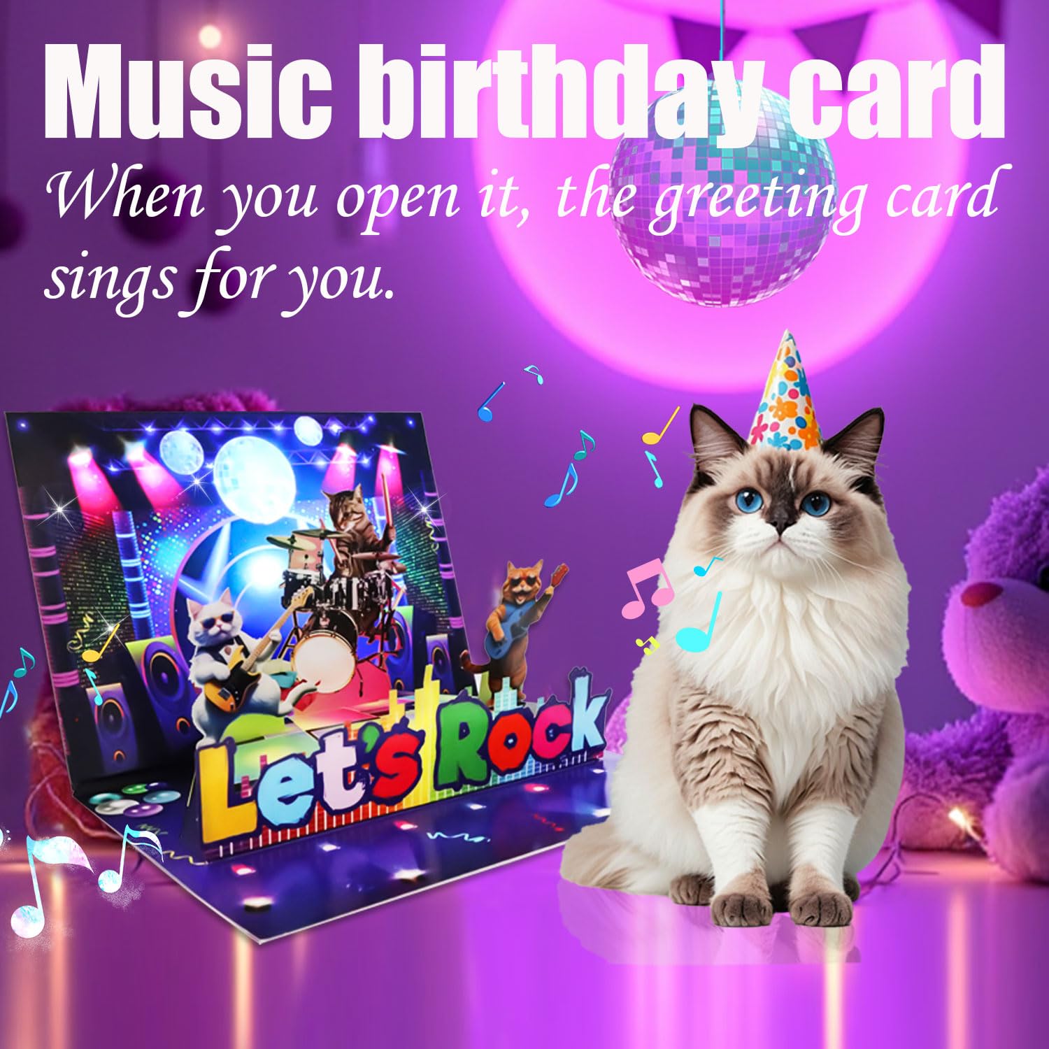 Geburtstagskarte mit Katze, 3D-Pop-Up-Geburtstagskarten | Mit bunten Lichtern und Musik, Happy Birthday Geschenkkarte für Kinder, Jungen, Mädchen, Männer, Frauen, Ehefrau