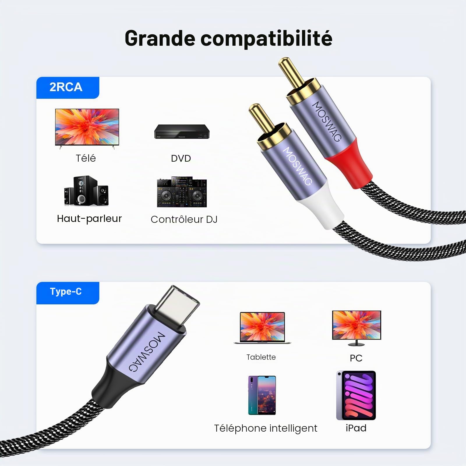 MOSWAG Câble 2 RCA USB C Audio Stéréo Adaptateur Type C Mâle vers 2 RCA Mâle Y Auxiliaire Audio Câble Numérique Compatible avec Téléphone Amplificateur Enceinte HDTV Home Cinéma Vidéo Projecteur