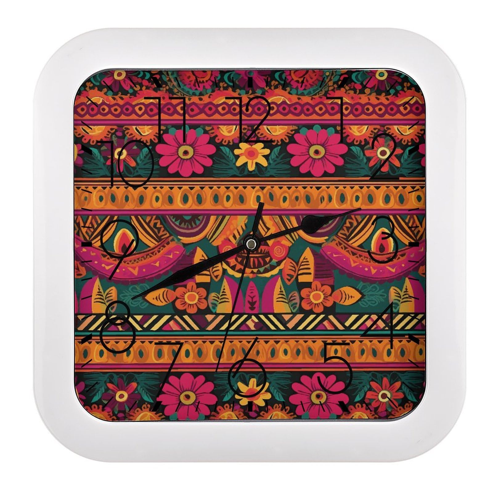 Horloge murale carrée style mexicain rétro et bohème pour décoration salon
