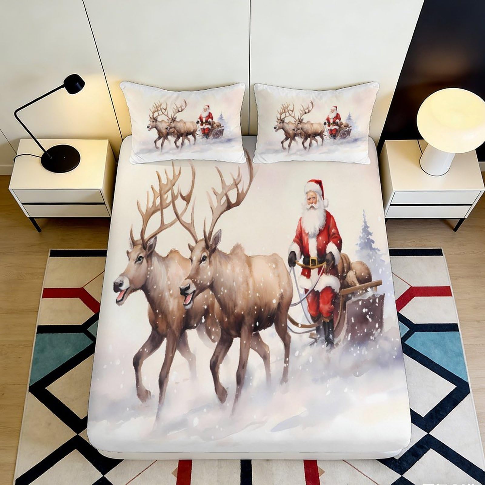 3D Printed Christmas Reindeer Fitted Sheet Microfiber Festive Santa Bed Cover for Bedroom Guest Room Mattress Decor 90x200x25cm