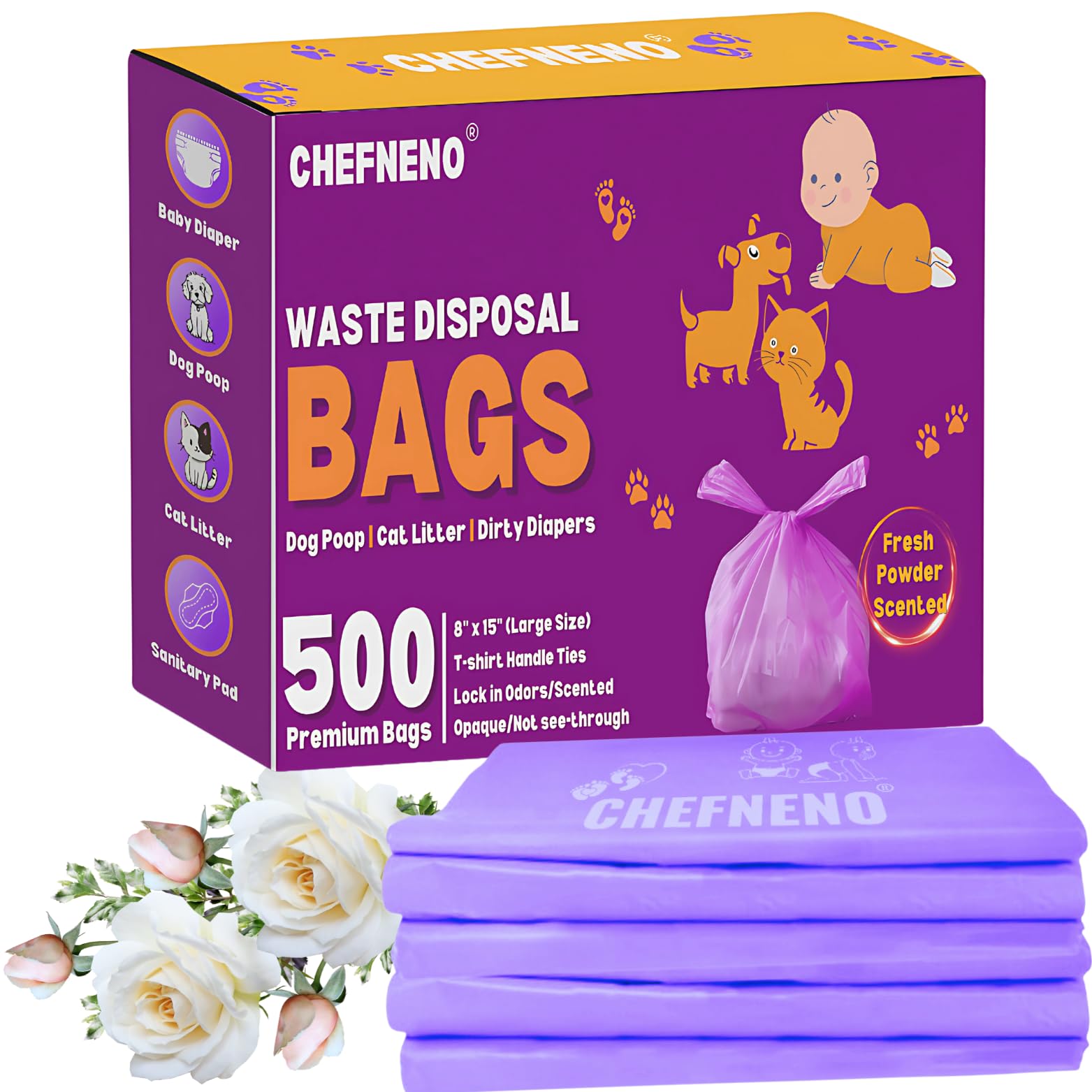 Disposable Baby Diaper Bags (500 Bags) Fresh Powder Scented Easy Tie Handles epi Eco-Friendly Diaper Disposable Sacks Dog Poop Bags Cat Litter Waste