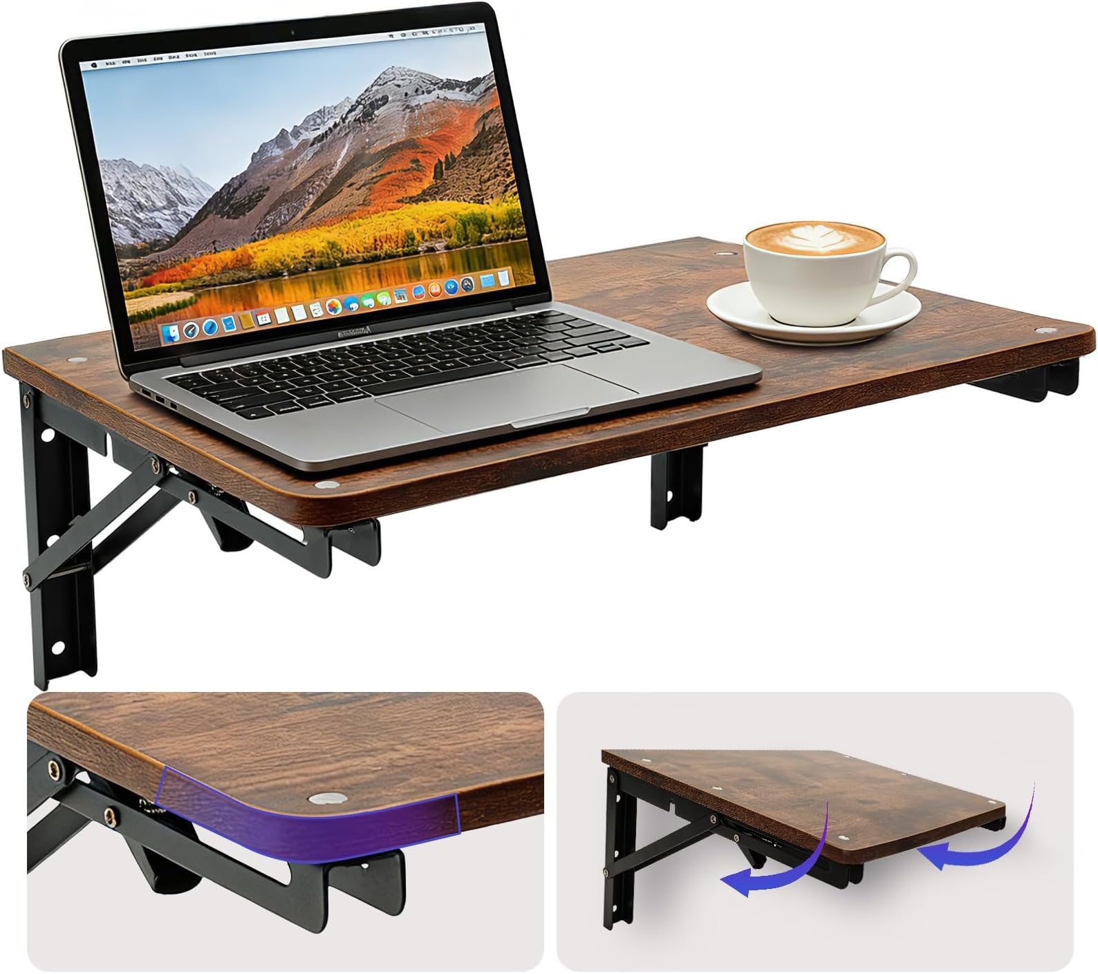 Wooden Folding Shelf Wall Mounted for Small Space, Wall Table for Living Room Bedroom Decor, Home Office Floating Fold Down Desk, Media Shelves with Heavy-Duty Brackets Holds Up to 30lbs, 16.5"*11.8"