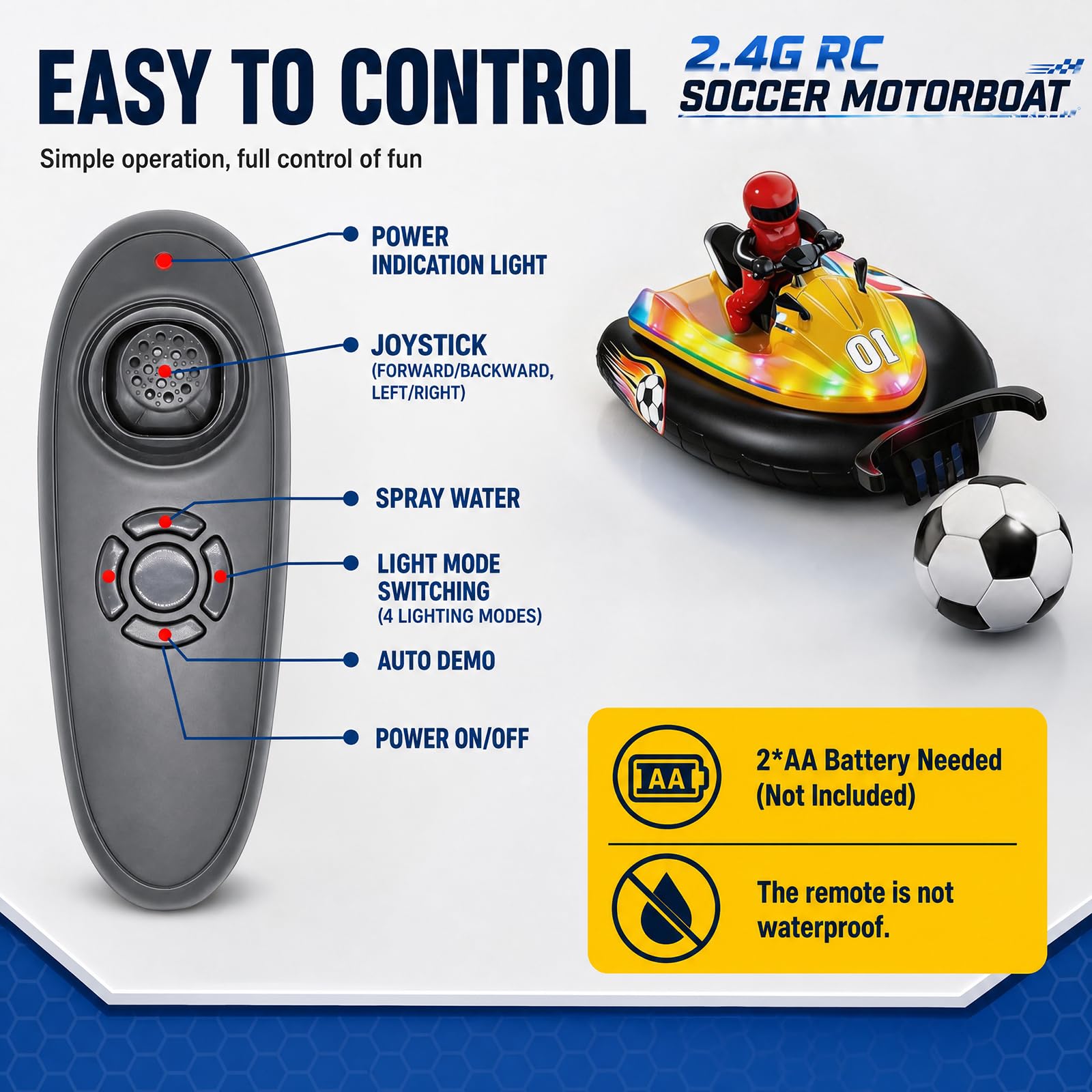 Barca radiocomandata con luce LED, 2,4 GHz, barca a motore telecomandata con pallone da calcio e acqua spruzzata, adatta per piscine e laghi, barca radiocomandata, giocattolo per bambini