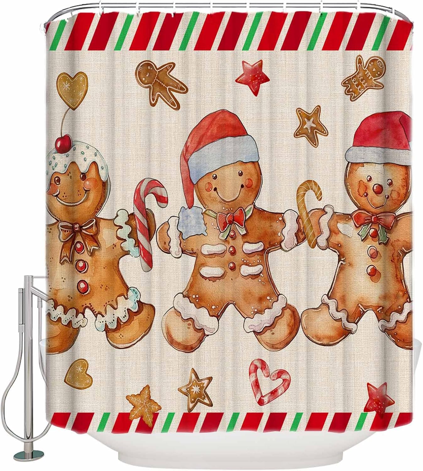 Christmas Gingerbread Man Shower Curtain Sets with Hooks for Bathroom, Linen Grain Bath Curtain, Xmas Ginger Man Cookies Waterproof Fabric Shower Curtains Farmhouse Bath Home Decor 66x72 in