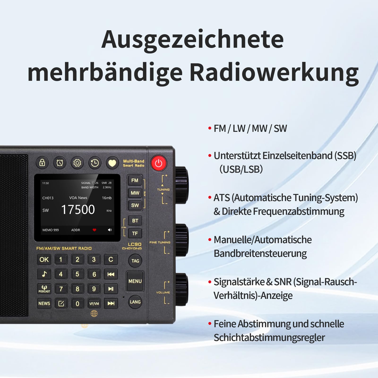 CHOYONG LC90 Multi-Band Smart Internet Radio Tragbares AM/FM, Lang- & Kurzwellenradio mit WiFi, Bluetooth, TF Karte choyoung