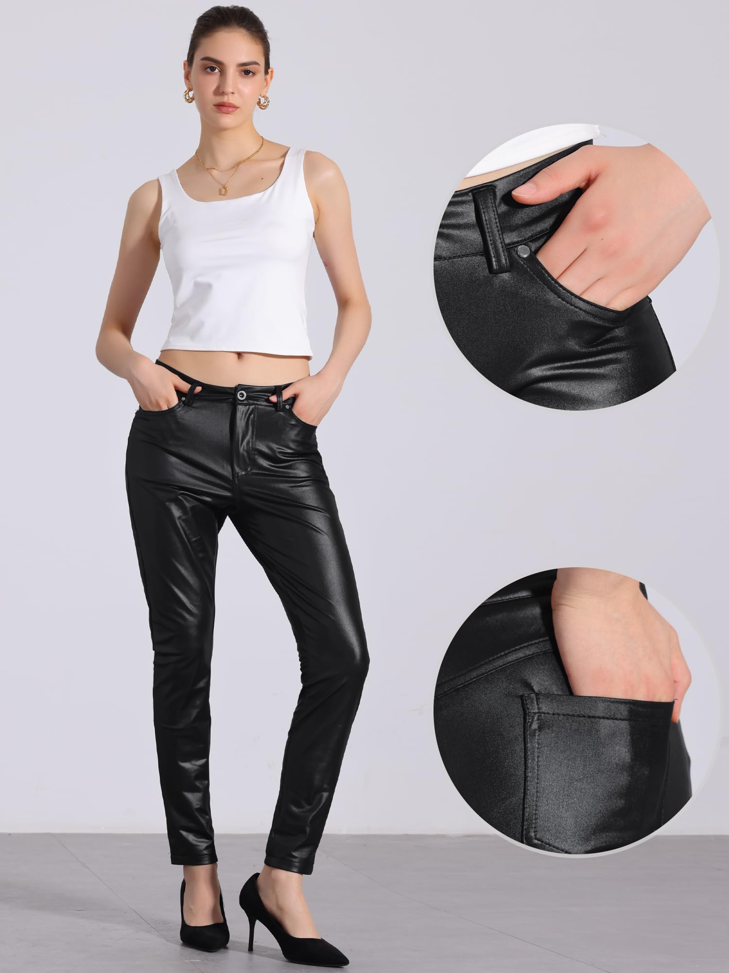 Allegra K Pantalon en Similicuir Femme Taille Haute Extensible Coupe Slim Legging Pantalons en PU Moto