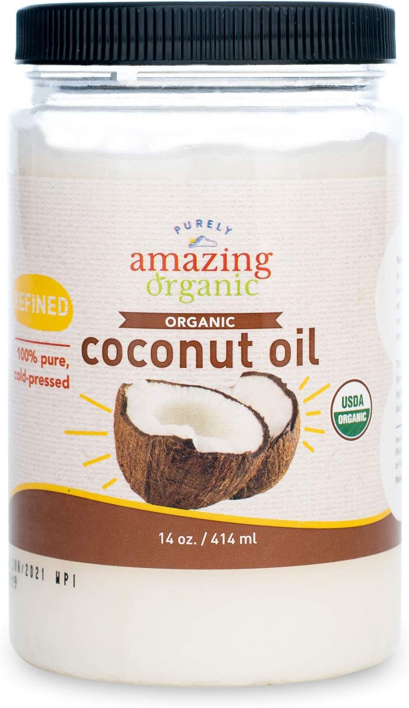 Purely Amazing Organics - Certified Organic Refined Coconut Oil (14 Ounce) Non-GMO Cold Pressed, Great for Skin, Hair and Cooking