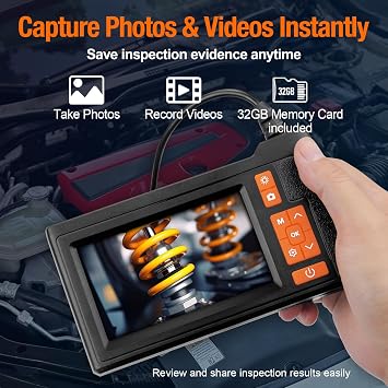 Borescope Camera with Light, 4.3 IPS Screen Endoscope, No Phone No App Inspection Camera with Light, 16.4ft Semi-Rigid Cable, 8LED Industrial Endoscope with 32GB Card for Auto, Pipe & Home Inspection