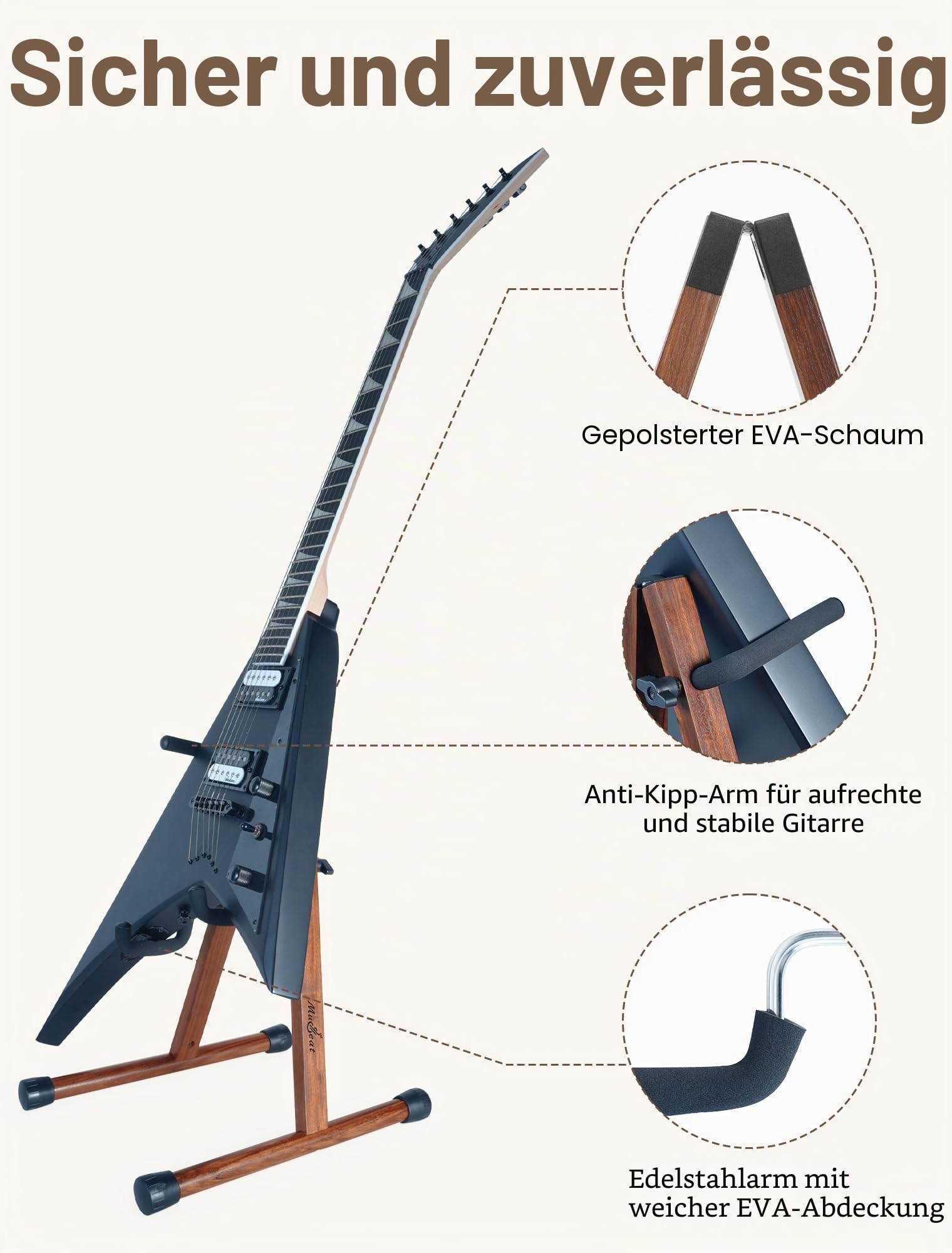 Universal E-Gitarrenständer, A-Form Bassständer mit Kippschutz & EVA-Polstern, E-Bass Halter passend für Kelly, Rhoads, Firebird, Explorer, Strandberg & extreme Formen, für Studio & Bühne