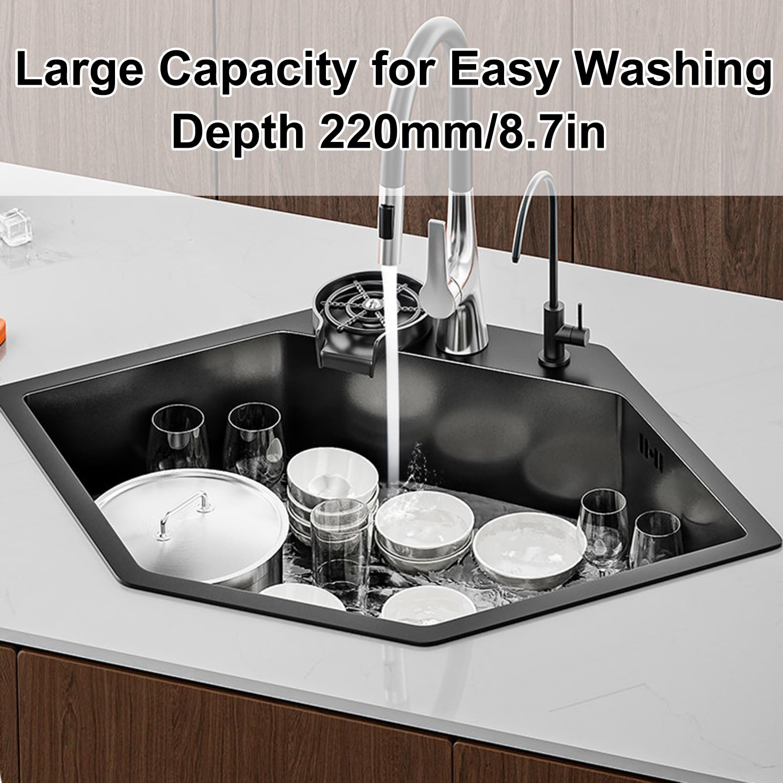 Lavello Angolare da Cucina in Acciaio Inox 304, Nero, Lavello Cucina 1 Vasca con Rubinetto Estraibile e Numerosi Accessori, Ideale per Uso Domestico, Bar e Commerciale(84x55cm/33x22in)