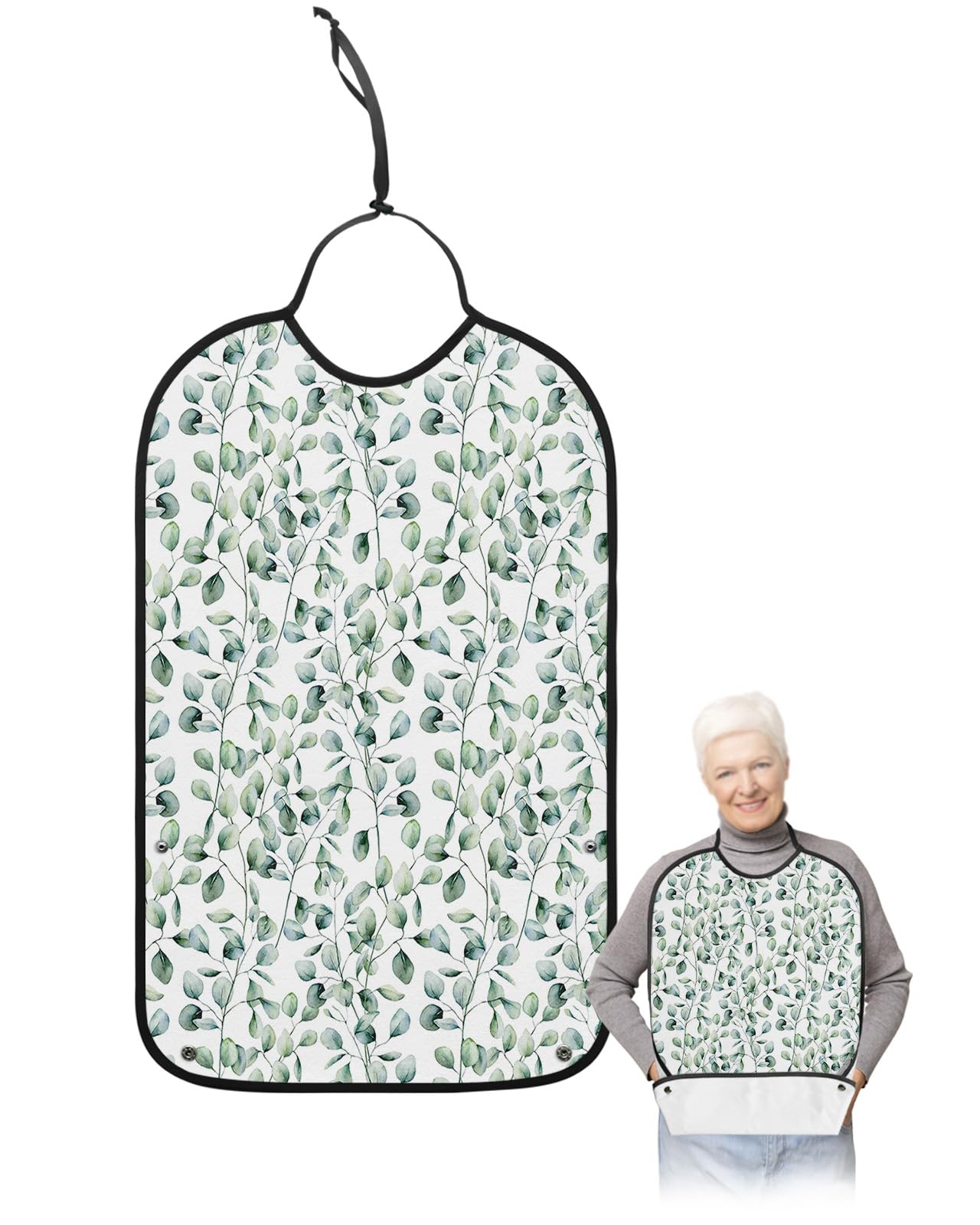 Watercolor Eucalyptus Leaf Adult Bib for Eating with Crumb Catcher,Washable & Waterproof Terry Cloth Adjustable Elderly Women Men Adult Bibs Funny Apron Clothing Protector Green Botanical Leaves Plant