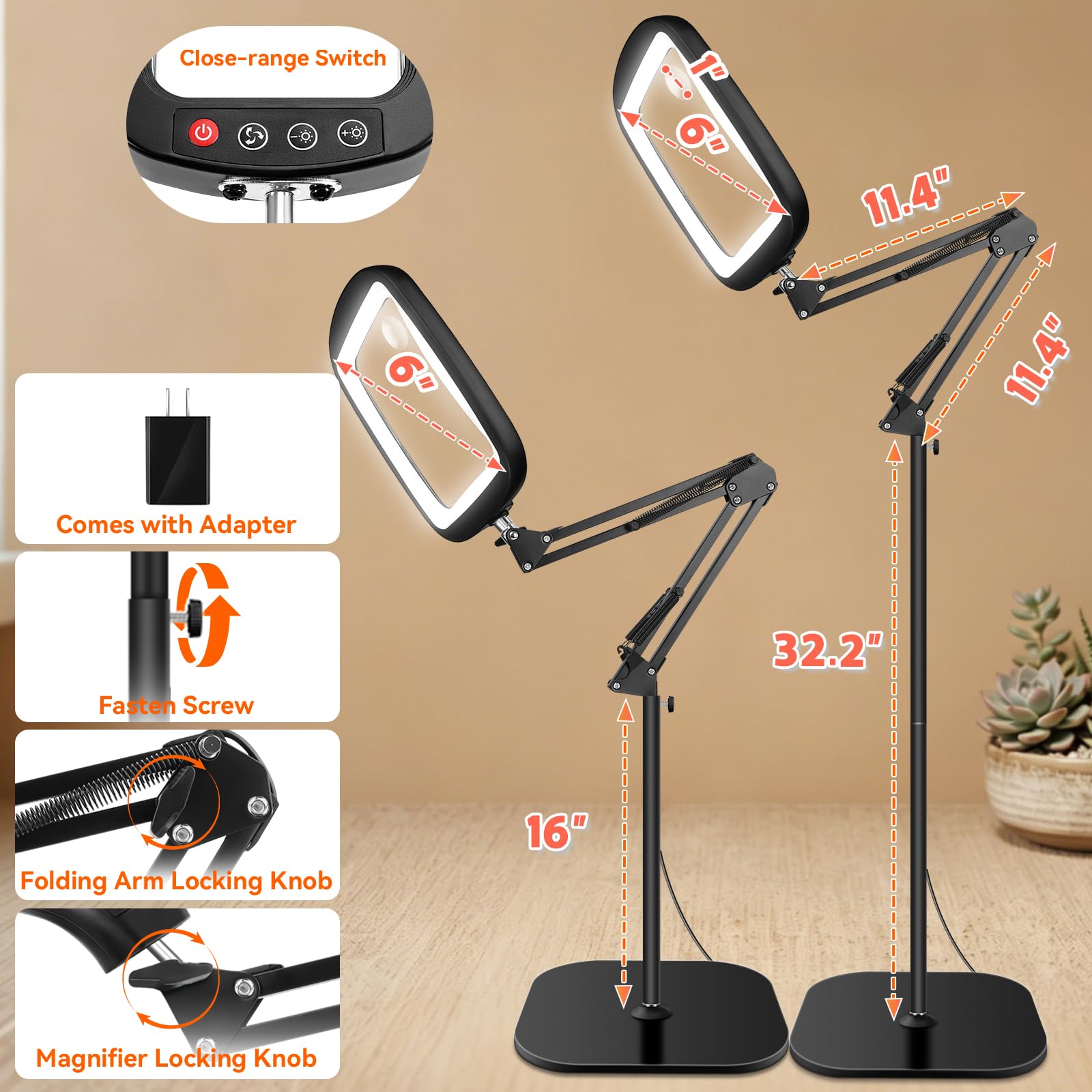 NZQXJXZ 10X 30X Lupa con Luz y Soporte, 2 en 1 Lámpara de Aumento de Piso | 3 Modos de Color, 10 niveles de brillo ajustables, Lupa Iluminada para Trabajos de Cerca, Costura, Manualidades, Pasatiempos